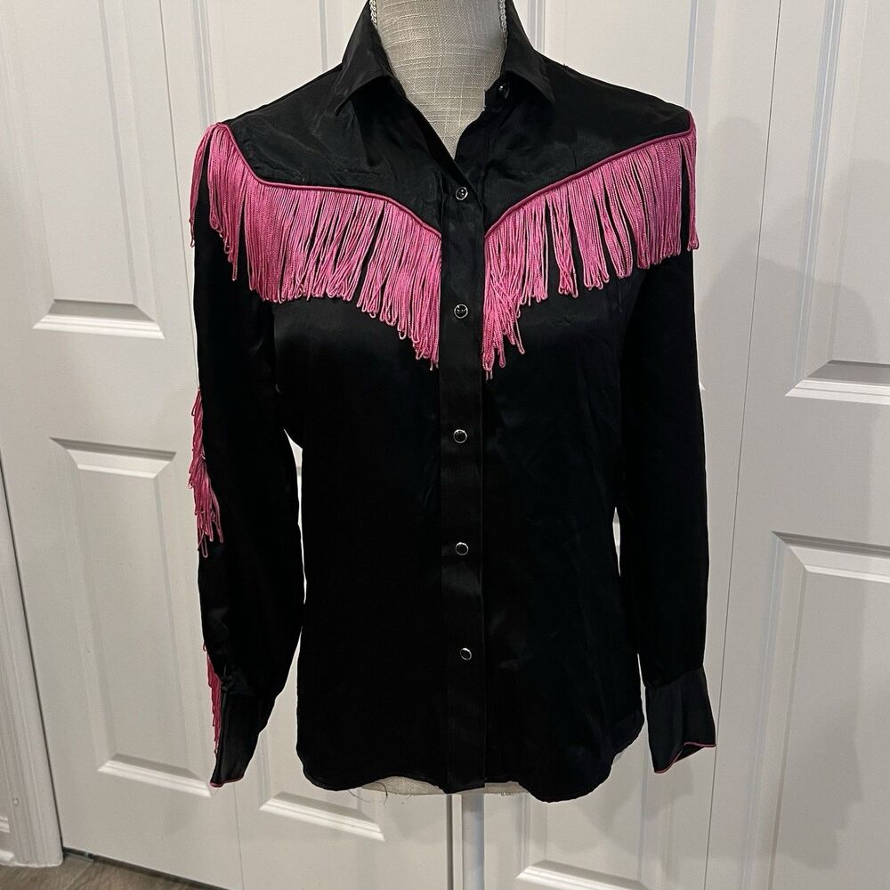 Karman Women's XS/S Western Pearl Snap Satin Black Pink Fringe Rodeo Rockabilly - Picture 2 of 11